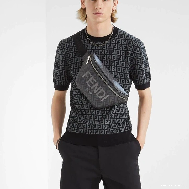 Cheap Fendi Bag ROMA Black Belt Motif Logo FF In Fabric 0711